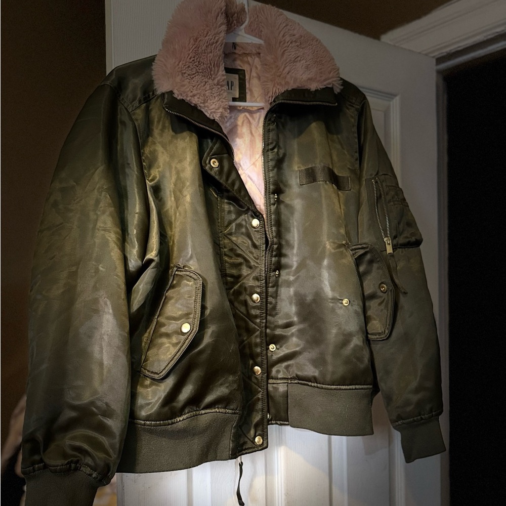 GAP Olive Bomber Jacket with Pink Lining